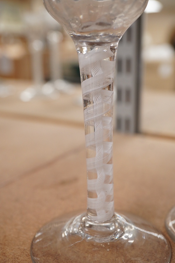 A set of four late 18th century DSOT cordial glasses, with fluted bucket bowls, 15.5cm high